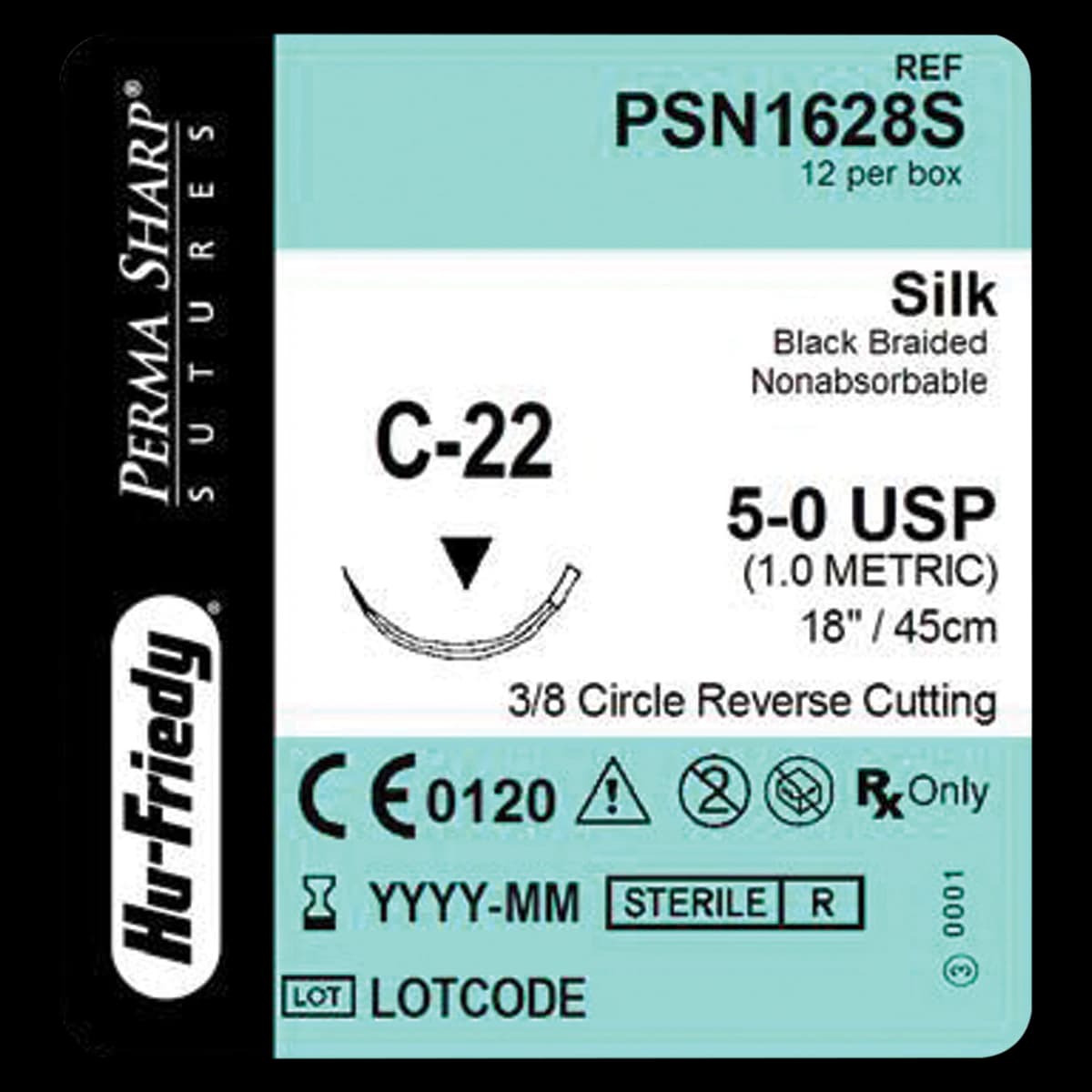 Hu-Friedy Perma Sharp® Sutures, Non-Absorbable Silk Black Braided, 5-0, C-22 Needle, 3/8 Circle, 18", 12/Box, PSN1628S - Perma Sharp&reg; Sutures - Non-Absorbable Silk Black Braided - 5-0 / C-22 / 18" - Image 1