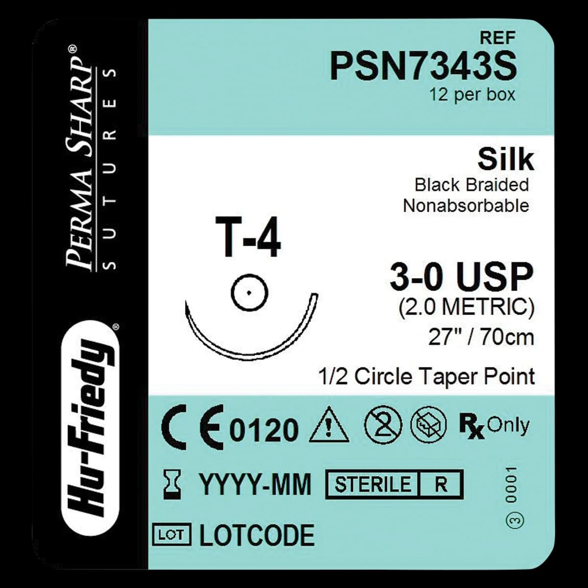 Hu-Friedy Perma Sharp® Sutures, Non-Absorbable Silk Black Braided, 3-0, T-4 Needle, 1/2 Circle, 27", 12/Box, PSN7343S - Perma Sharp&reg; Sutures - Non-Absorbable Silk Black Braided - 3-0 / T-4 / 27" - Image 1