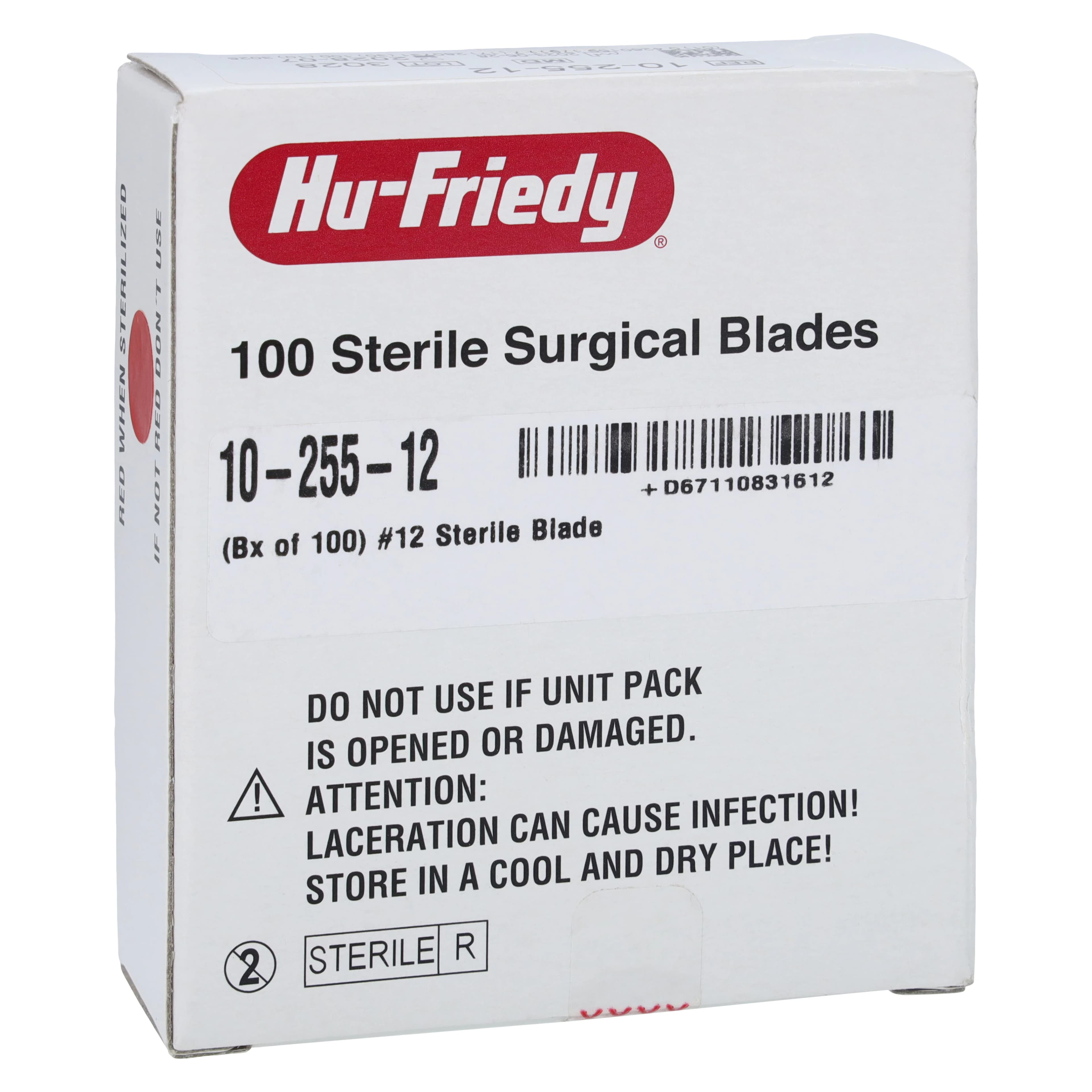 Hu-Friedy Carbon Steel Sterile Scalpel Blades, #12, Single-Use, 100/Box, 10-255-12 - Carbon Steel Sterile Scalpel Blades - 12 - Image 1