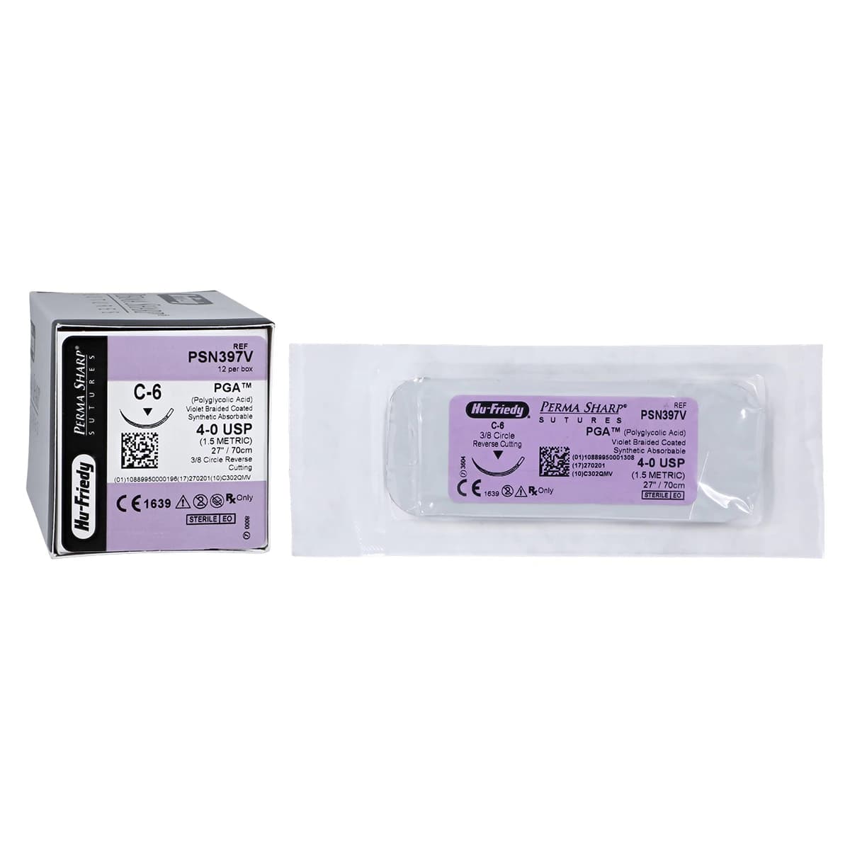 Hu-Friedy Perma Sharp PGA Absorbable Suture, 4-0, Violet, C-6 Reverse Cutting Needle, 3/8 Circle, 27", 12/Box, PSN397V - Suture PGA C-6 Needle 4-0 Box of 12 - Image 1