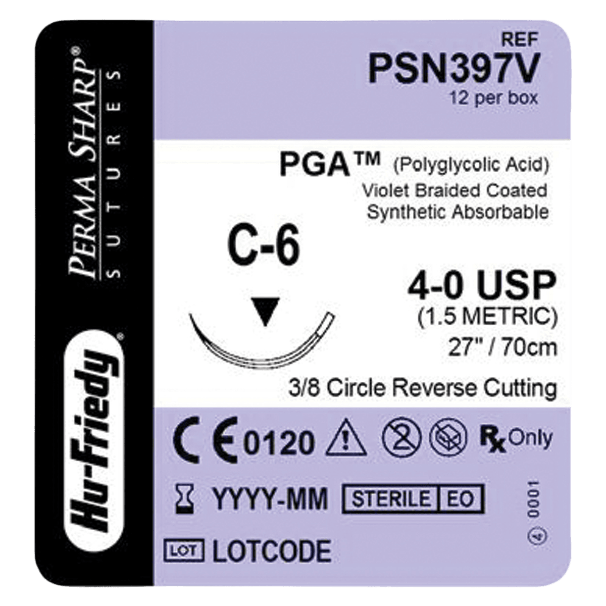 Hu-Friedy Perma Sharp PGA Absorbable Suture, 4-0, Violet, C-6 Reverse Cutting Needle, 3/8 Circle, 27", 12/Box, PSN397V thumbnail 2
