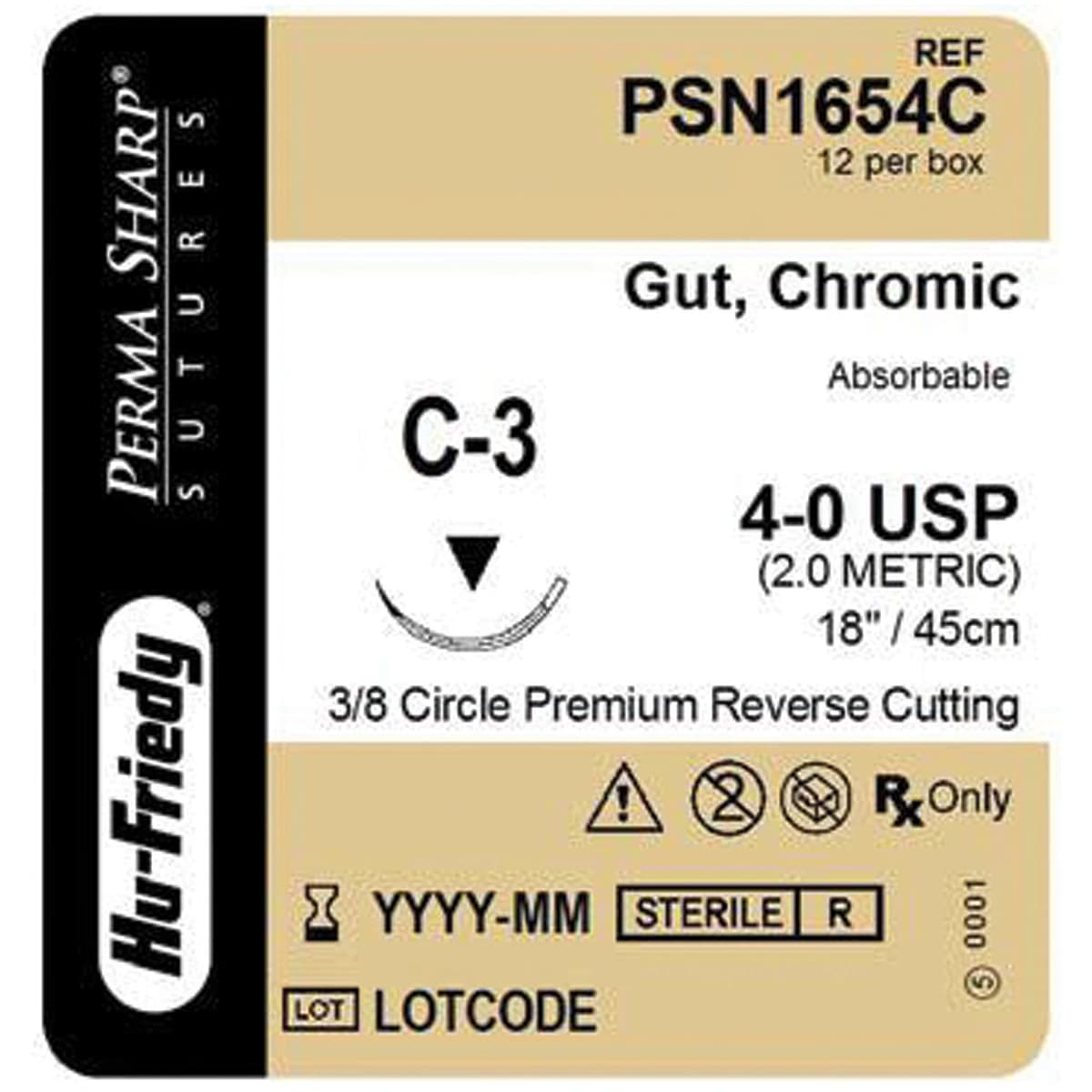 Hu-Friedy Perma Sharp Chromic Gut Suture, 4-0, 18", C-3 Premium Reverse Cutting Needle, 3/8 Circle, 13mm, 12/Box, PSN1654C - Suture Chromic Gut C-3 Needle 4-0 Box of 12 - Image 1