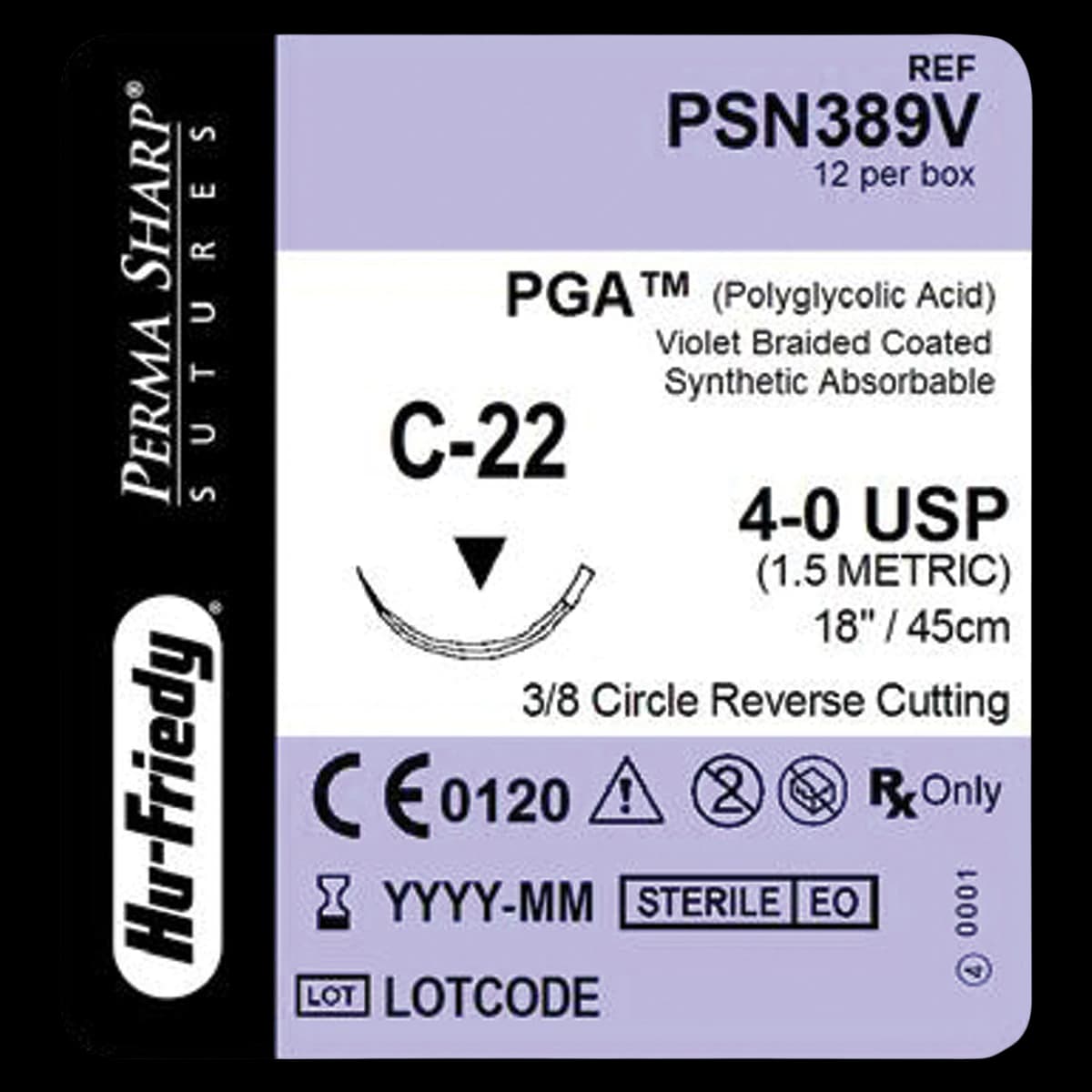 Hu-Friedy Perma Sharp Absorbable Suture, 4-0 PGA Violet Braided, 18" Length, C-22 Needle, 3/8 Circle Reverse Cutting, 12/Box, PSN389V - Perma Sharp Suture 4-0 PGA Violet 18 C-22 3/8 Circle 12/Box, PSN389V - Image 1