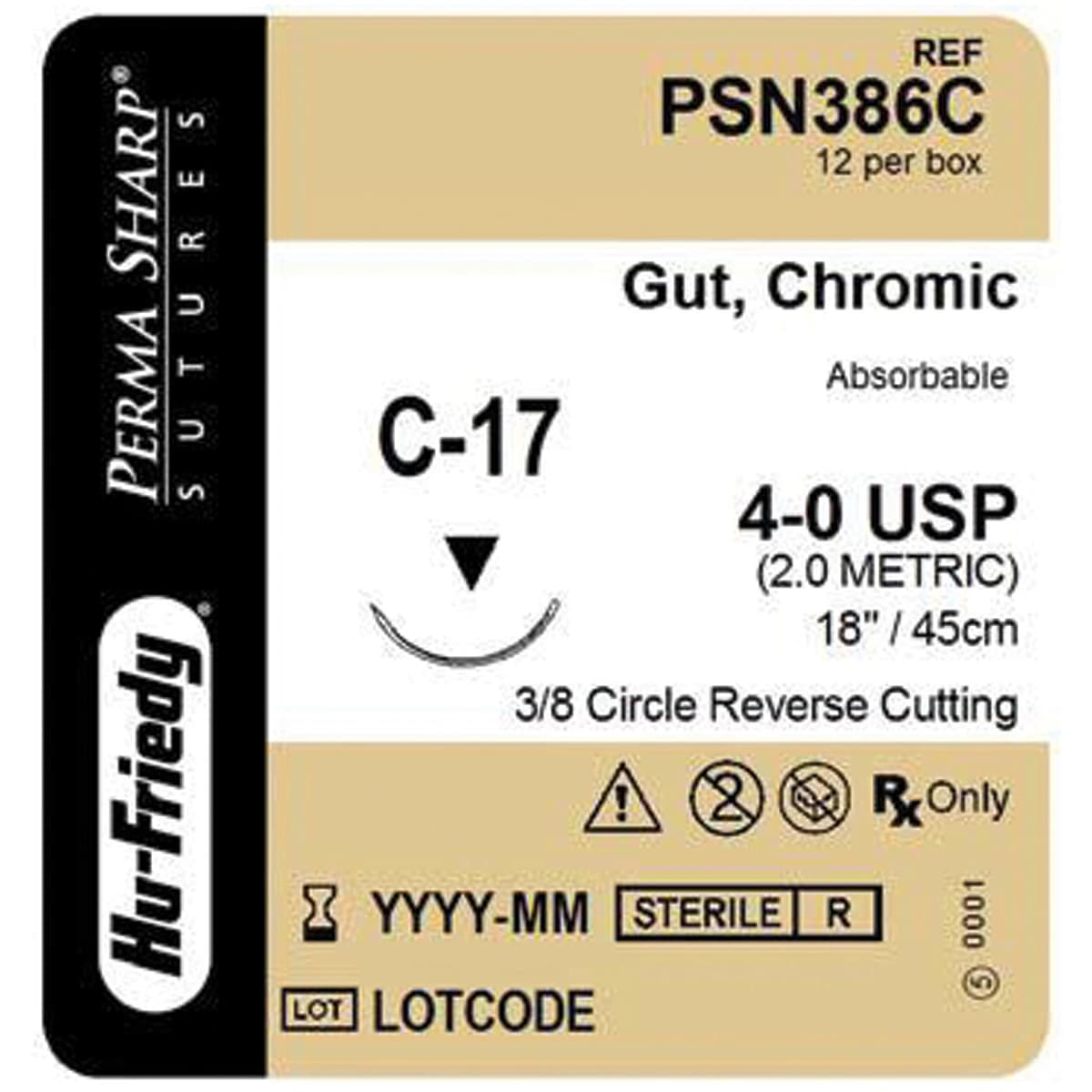 Hu-Friedy Perma Sharp Chromic Gut Suture, 4-0, 18", C-17 Reverse Cutting 3/8 Circle Needle, 12/Box, PSN386C - Suture Chromic Gut C-17 Needle 4-0 Box of 12 - Image 1