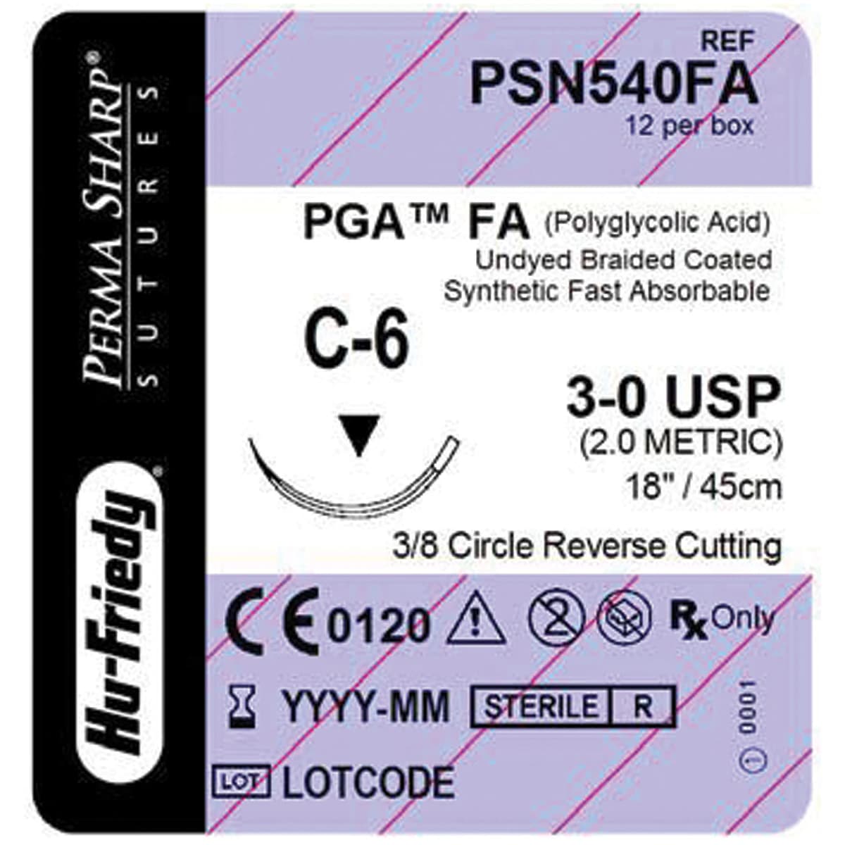 Hu-Friedy Perma Sharp PGA FA Absorbable Suture, 3-0, C-6 Reverse Cutting Needle, 3/8 Circle, 18 in, Undyed, 12/Box, PSN540FA thumbnail 2