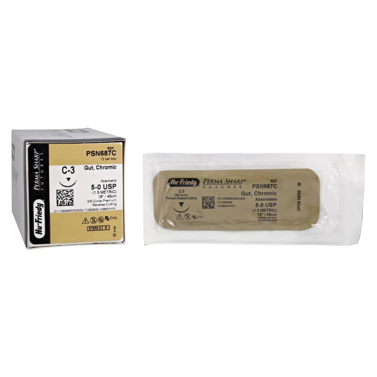 Hu-Friedy Perma Sharp Chromic Gut Suture, 5-0, 18", C-3 Premium Reverse Cutting 3/8 Circle Needle, 13mm, Undyed, 12/Box, PSN687C - Suture Chromic Gut C-3 Needle 5-0 Box of 12 - Image 1