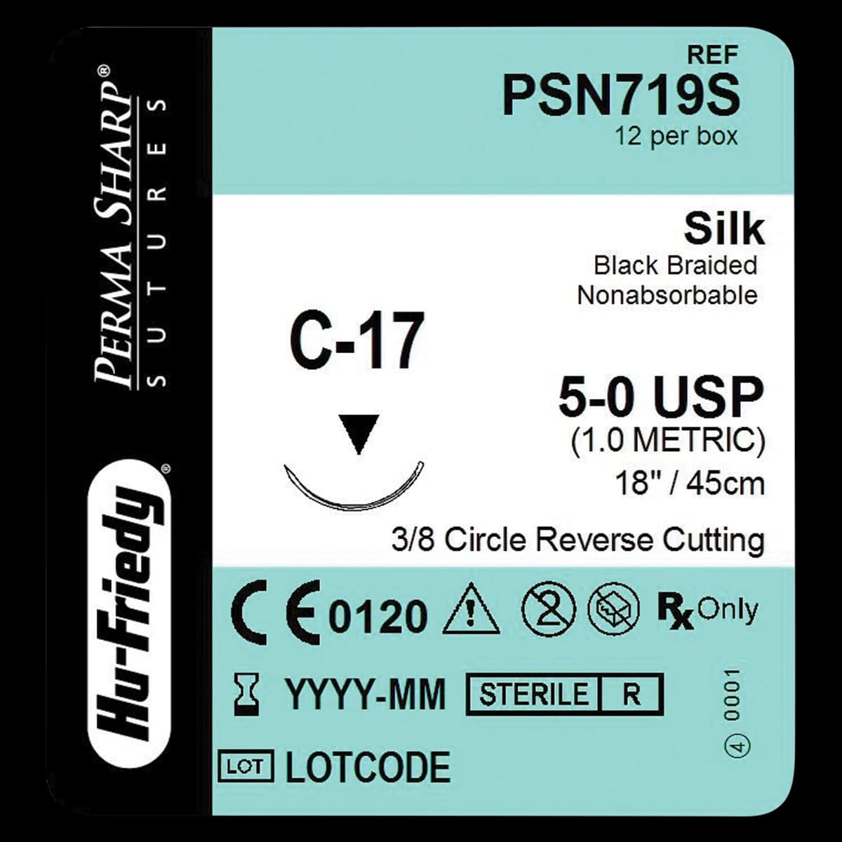 Hu-Friedy Perma Sharp® Sutures, Non-Absorbable Silk Black Braided, 5-0, C-17 Needle, 3/8 Circle, 18", 12/Box, PSN719S - Perma Sharp&reg; Sutures - Non-Absorbable Silk Black Braided - 5-0 / C-17 / 18" - Image 1