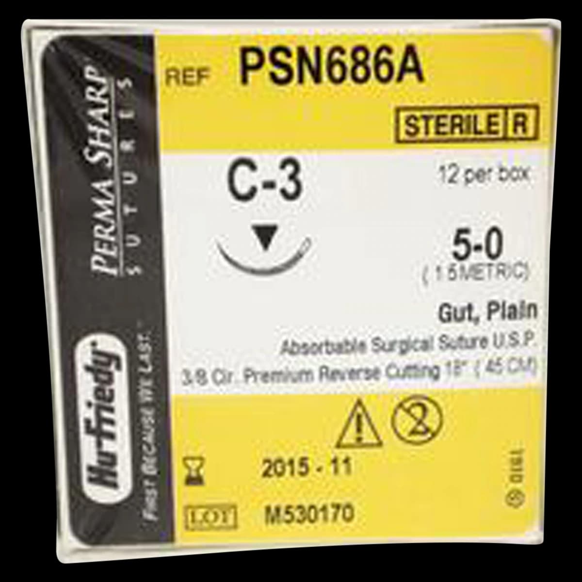 Hu-Friedy Perma Sharp Plain Gut Absorbable Suture, 5-0, 18", C-3 Premium Reverse Cutting Needle, 3/8 Circle, 12/Box, PSN686A - Suture Plain Gut C-3 Needle 5-0 Box of 12 - Image 1