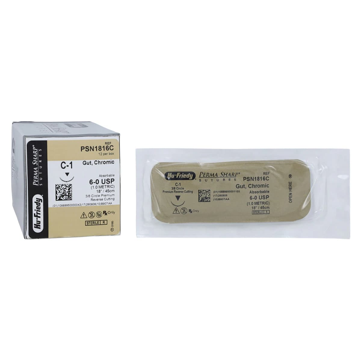 Hu-Friedy Perma Sharp Chromic Gut Suture, 6-0, 18", C-1 Premium Reverse Cutting 3/8 Circle Needle, 12/Box, PSN1816C thumbnail 2