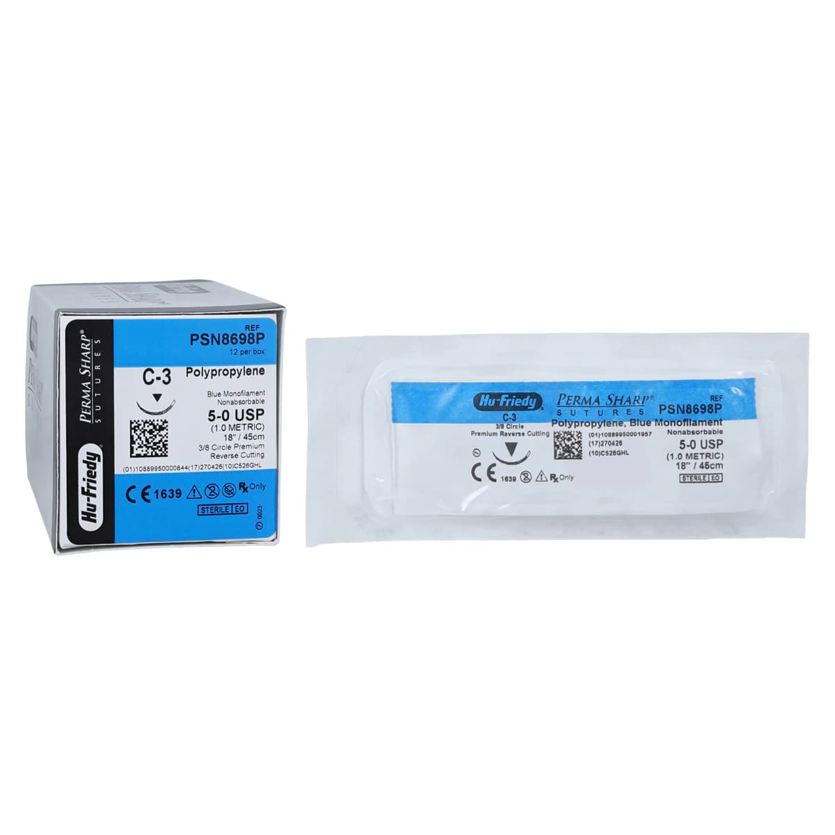 Hu-Friedy Perma Sharp Non-Absorbable Polypropylene Suture, 5-0, Blue, 18", C-3 Premium Reverse Cutting Needle, 3/8 Circle, 13 mm, 12/Box, PSN8698P - Suture Polypropylene C-3 Needle 5-0 Box of 12 - Image 1