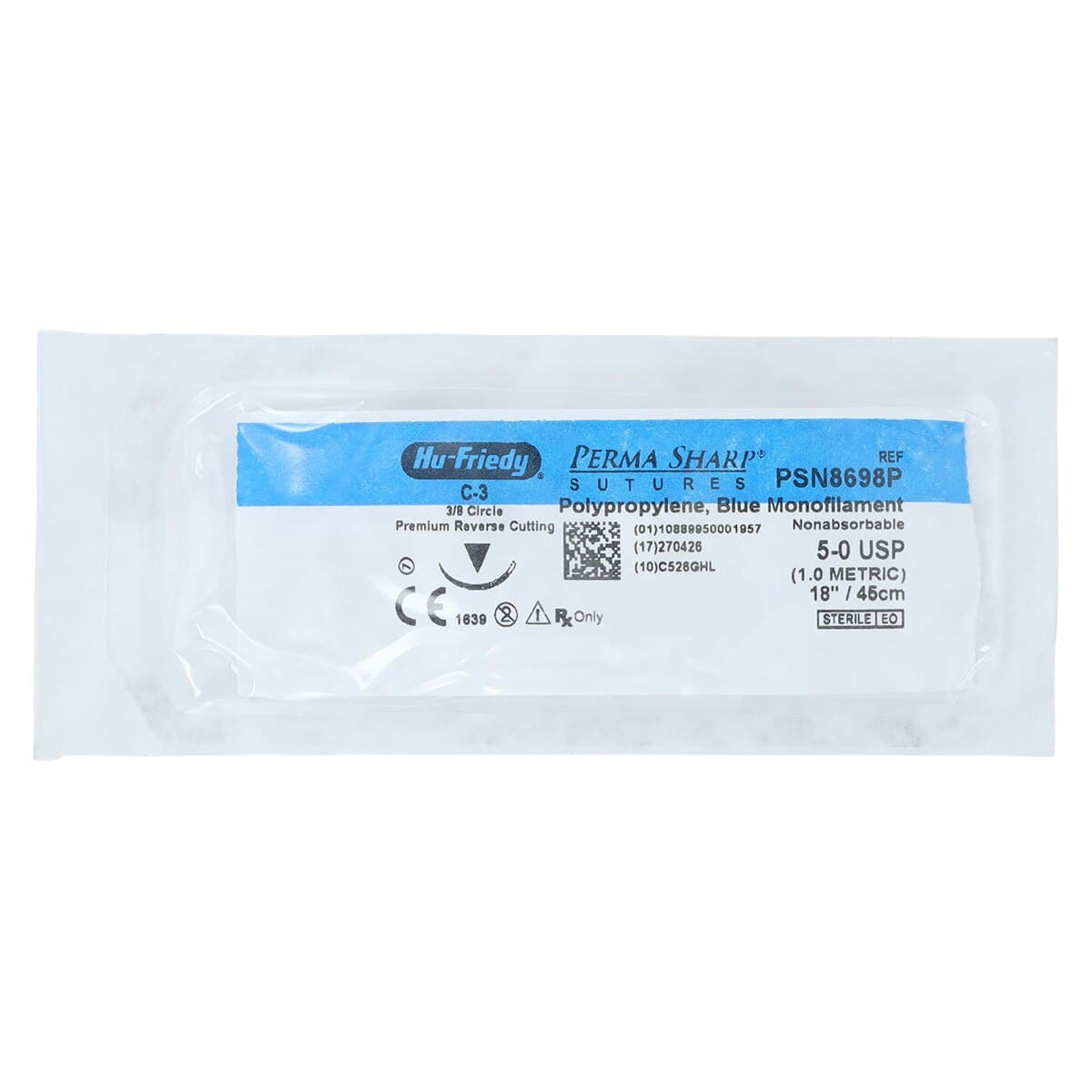 Hu-Friedy Perma Sharp Non-Absorbable Polypropylene Suture, 5-0, Blue, 18", C-3 Premium Reverse Cutting Needle, 3/8 Circle, 13 mm, 12/Box, PSN8698P thumbnail 3