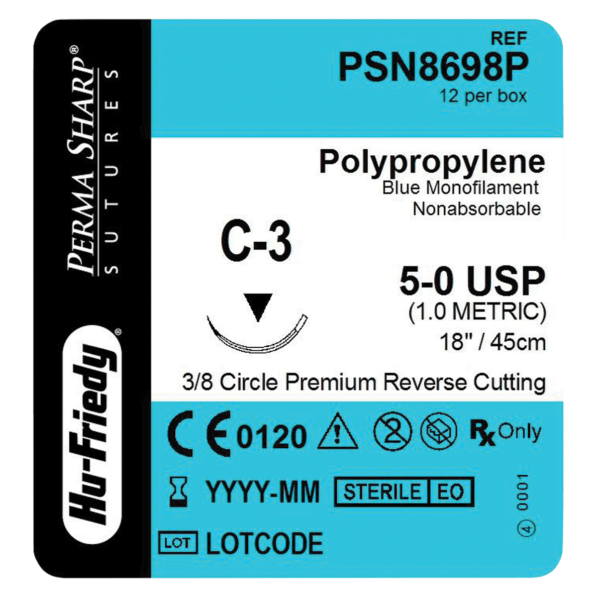 Hu-Friedy Perma Sharp Non-Absorbable Polypropylene Suture, 5-0, Blue, 18", C-3 Premium Reverse Cutting Needle, 3/8 Circle, 13 mm, 12/Box, PSN8698P thumbnail 2