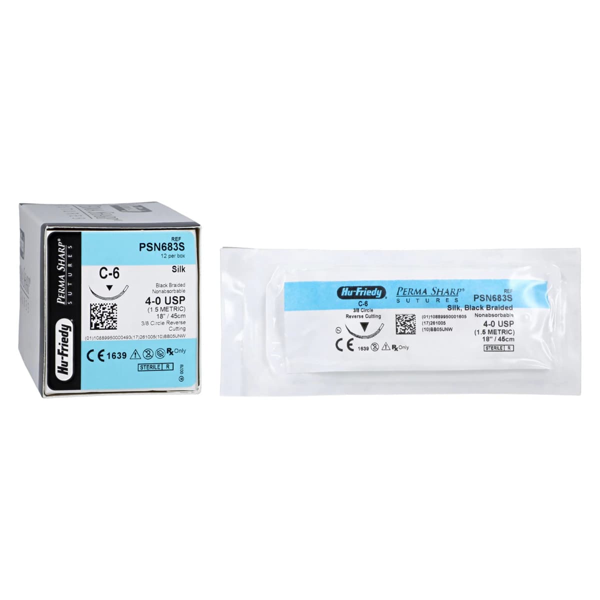Hu-Friedy Perma Sharp Silk Black Braided Non-Absorbable Suture, 4-0, 18", C-6 Reverse Cutting 3/8 Circle Needle, 12/Box, PSN683S - Suture Silk C-6 Needle 4-0 Box of 12 - Image 1