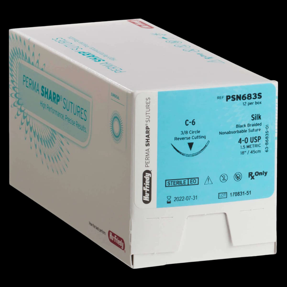 Hu-Friedy Perma Sharp Silk Black Braided Non-Absorbable Suture, 4-0, 18", C-6 Reverse Cutting 3/8 Circle Needle, 12/Box, PSN683S thumbnail 2