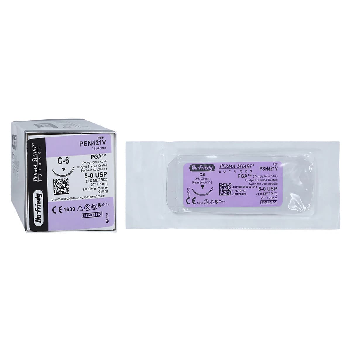 Hu-Friedy Perma Sharp PGA Absorbable Suture, 5-0, Undyed Braided, C-6 Needle, 3/8 Circle Reverse Cutting, 27", 12/Box, PSN421V - Suture PGA C-6 Needle 5-0 Box of 12 - Image 1