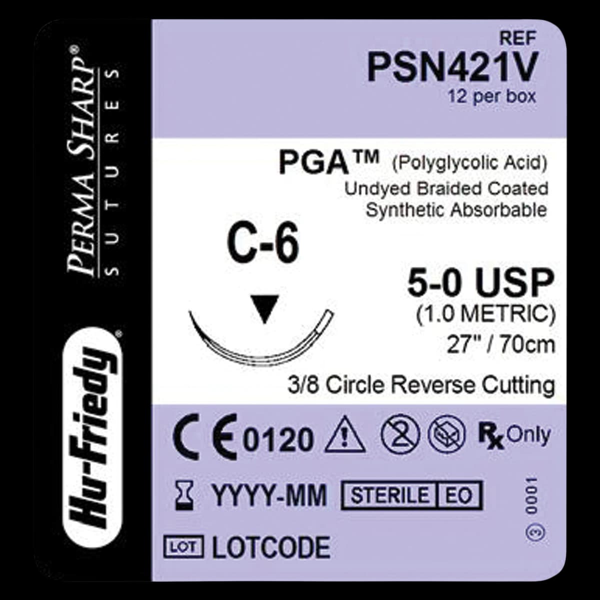 Hu-Friedy Perma Sharp PGA Absorbable Suture, 5-0, Undyed Braided, C-6 Needle, 3/8 Circle Reverse Cutting, 27", 12/Box, PSN421V thumbnail 2