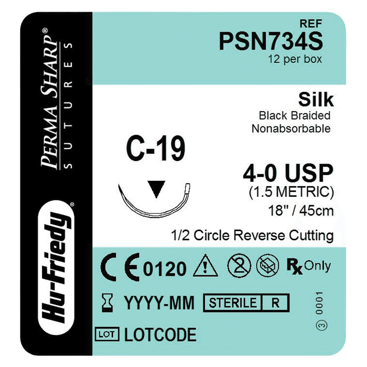 Hu-Friedy Perma Sharp Silk Suture, 4-0, Black Braided, 18" with C-19 Reverse Cutting 1/2 Circle Needle, 12/Box, PSN734S - Suture Silk C-19 Needle 4-0 Box of 12 - Image 1