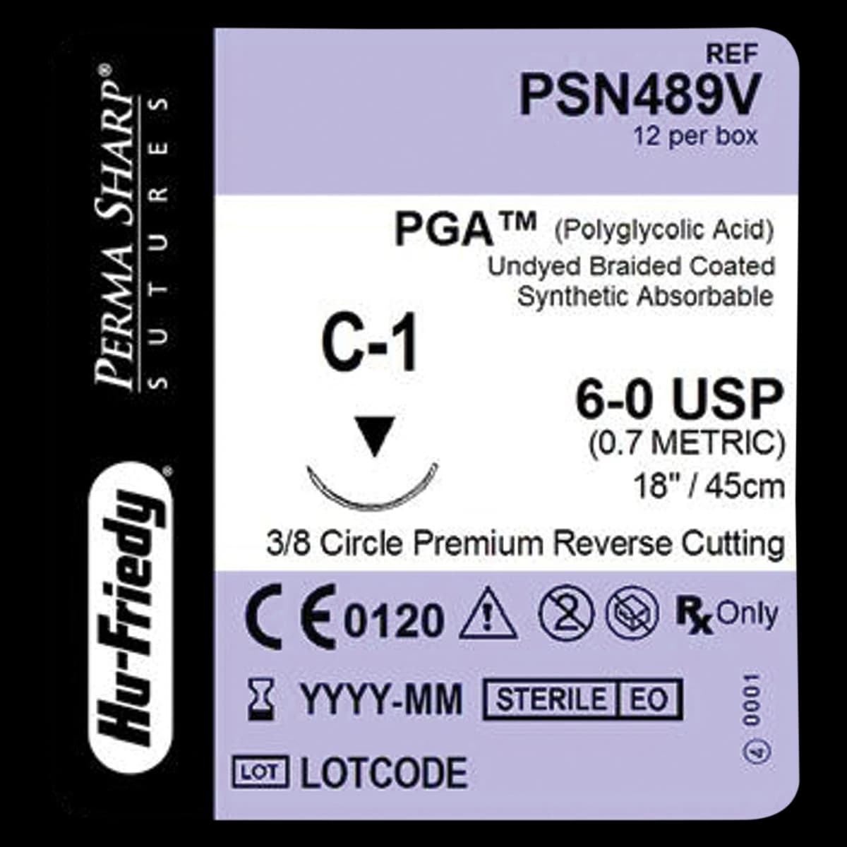 Hu-Friedy Perma Sharp PGA Absorbable Suture, 6-0, Undyed Braided, 18", C-1 Premium Reverse Cutting 3/8 Circle Needle, 12/Pk, PSN489V - Suture PGA C-1 Needle 6-0 Box of 12 - Image 1