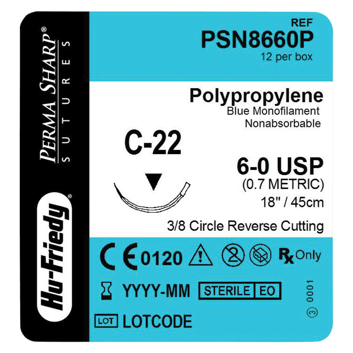 Hu-Friedy Perma Sharp Polypropylene Suture, 6-0, Blue, 18", C-22 3/8 Circle Reverse Cutting Needle, 12/Box, PSN8660P thumbnail 2