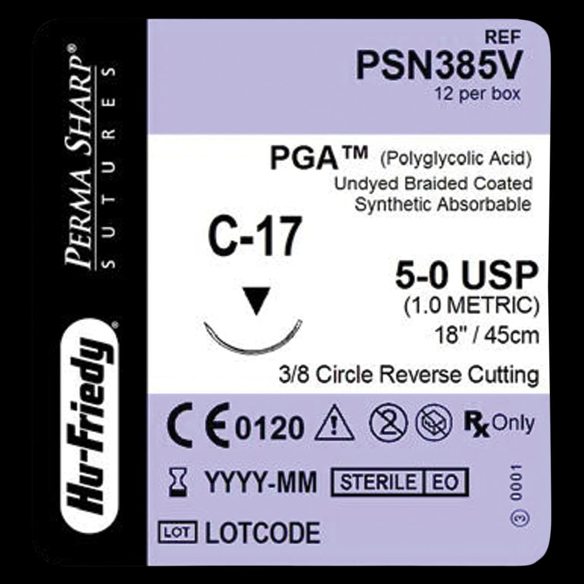 Hu-Friedy Perma Sharp Absorbable Suture, 5-0 PGA Undyed Braided, 18", C-17 3/8 Circle Reverse Cutting Needle, 12/Box, PSN385V - Perma Sharp Suture 5-0 PGA Undyed 18 C-17 3/8 Circle 12/Box, PSN385V - Image 1