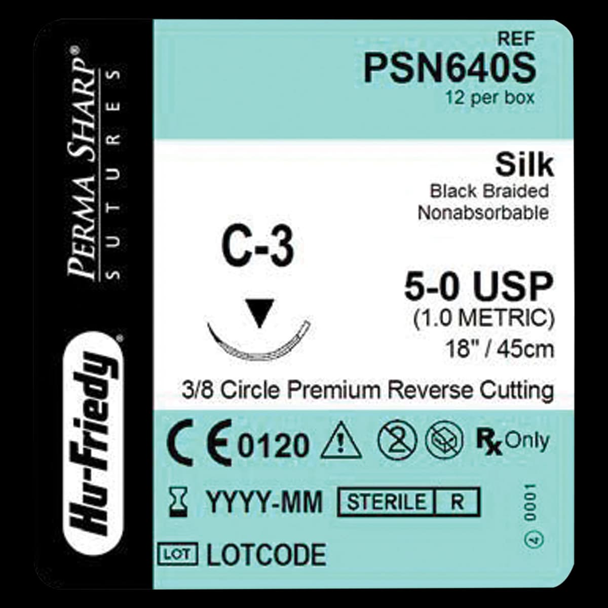 Hu-Friedy Perma Sharp Silk Suture, 5-0, Black Braided, 18", C-3 3/8 Circle Premium Reverse Cutting Needle, 12/Box, PSN640S - Suture Silk C-3 Needle 5-0 Box of 12 - Image 1