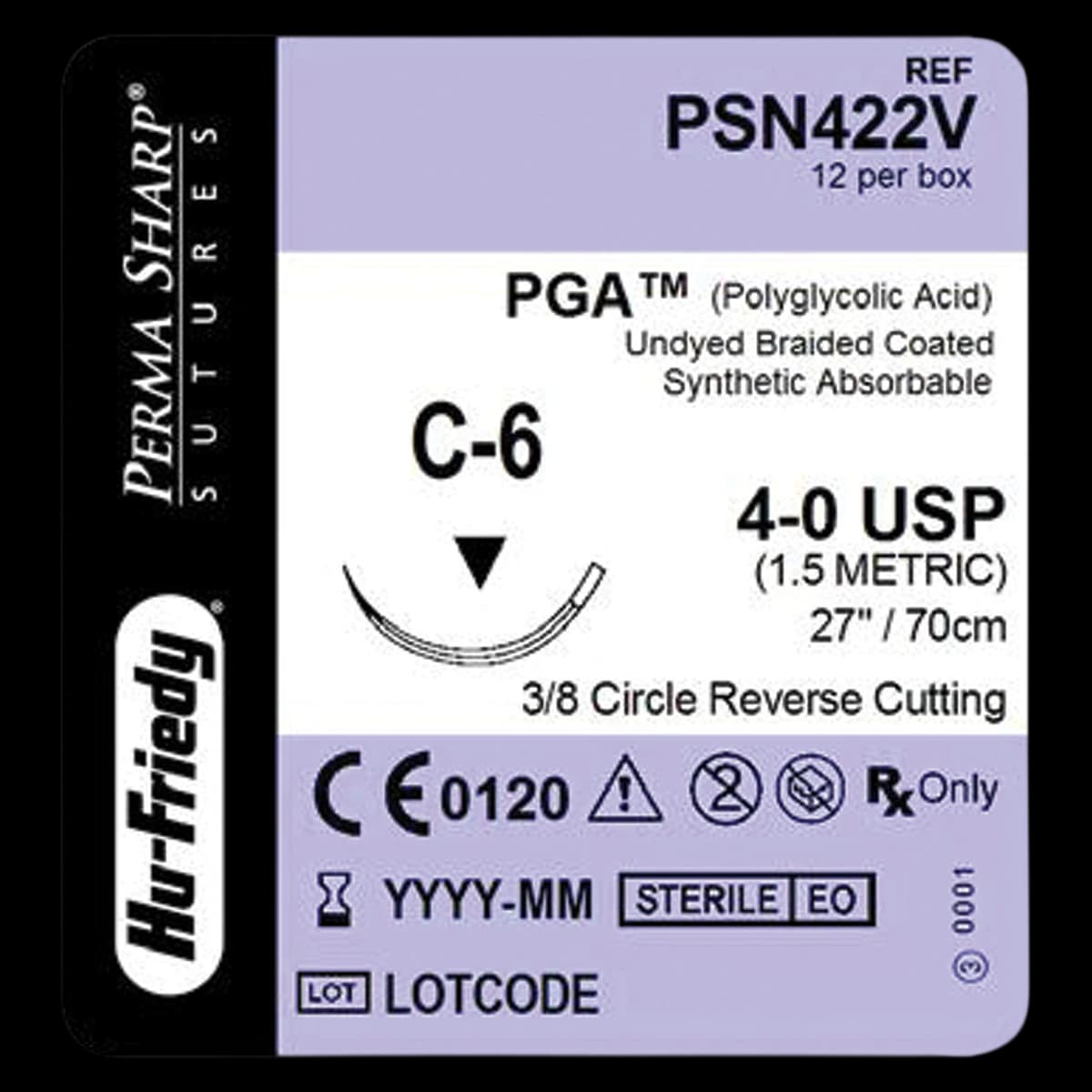 Hu-Friedy Perma Sharp PGA Absorbable Suture, Undyed Braided, 4-0, C-6 Reverse Cutting 3/8 Circle Needle, 27", 12/Box, PSN422V - Suture PGA C-6 Needle 4-0 Box of 12 - Image 1