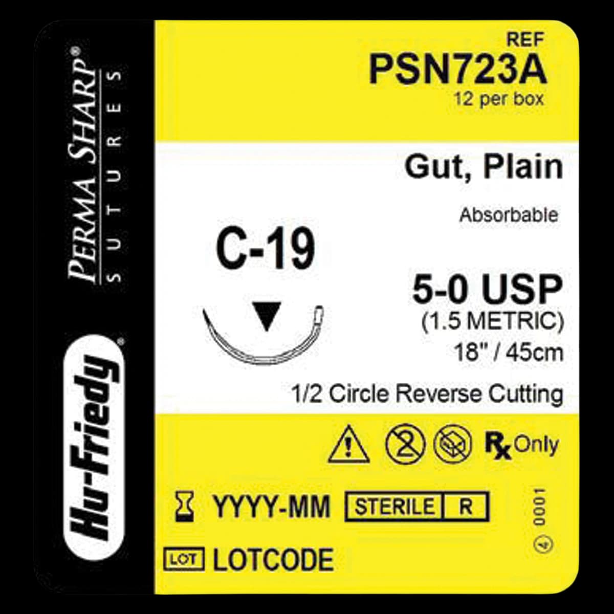 Hu-Friedy Perma Sharp Plain Gut Absorbable Suture, 5-0, C-19 Reverse Cutting 1/2 Circle Needle, 18 in, Undyed, 12/Box thumbnail 2