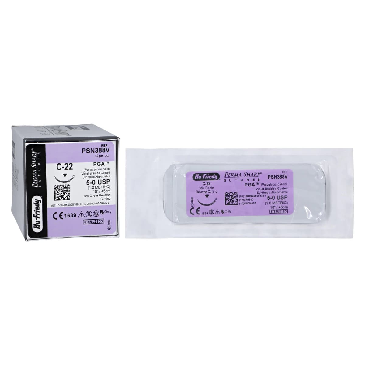 Hu-Friedy Perma Sharp Absorbable Suture, 5-0 PGA, Violet, Braided, C-22 Reverse Cutting Needle, 3/8 Circle, 18", 12/Box, 453277 thumbnail 2
