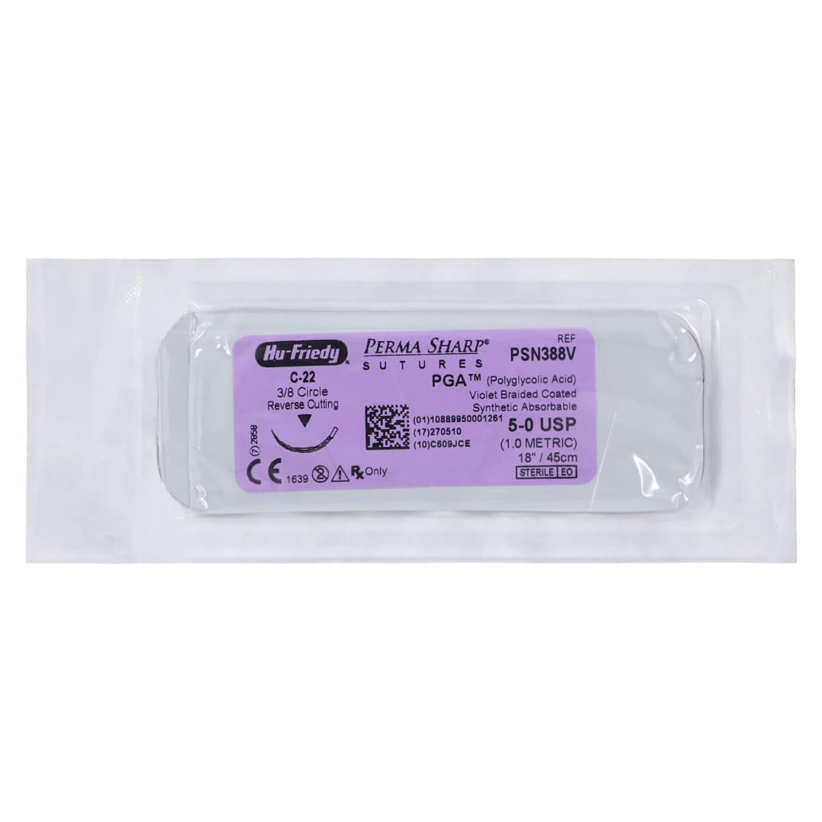 Hu-Friedy Perma Sharp Absorbable Suture, 5-0 PGA, Violet, Braided, C-22 Reverse Cutting Needle, 3/8 Circle, 18", 12/Box, 453277 thumbnail 3