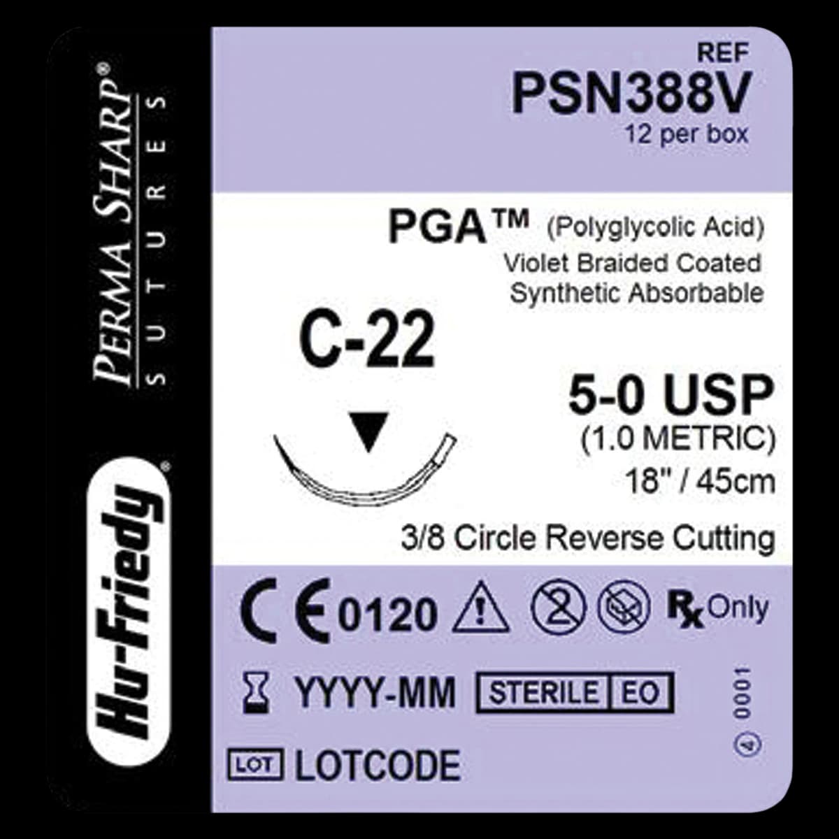 Hu-Friedy Perma Sharp Absorbable Suture, 5-0 PGA, Violet, Braided, C-22 Reverse Cutting Needle, 3/8 Circle, 18", 12/Box, 453277 - Perma Sharp Suture 5-0 PGA Violet 18 C-22 3/8 Circle 12/Box - Image 1