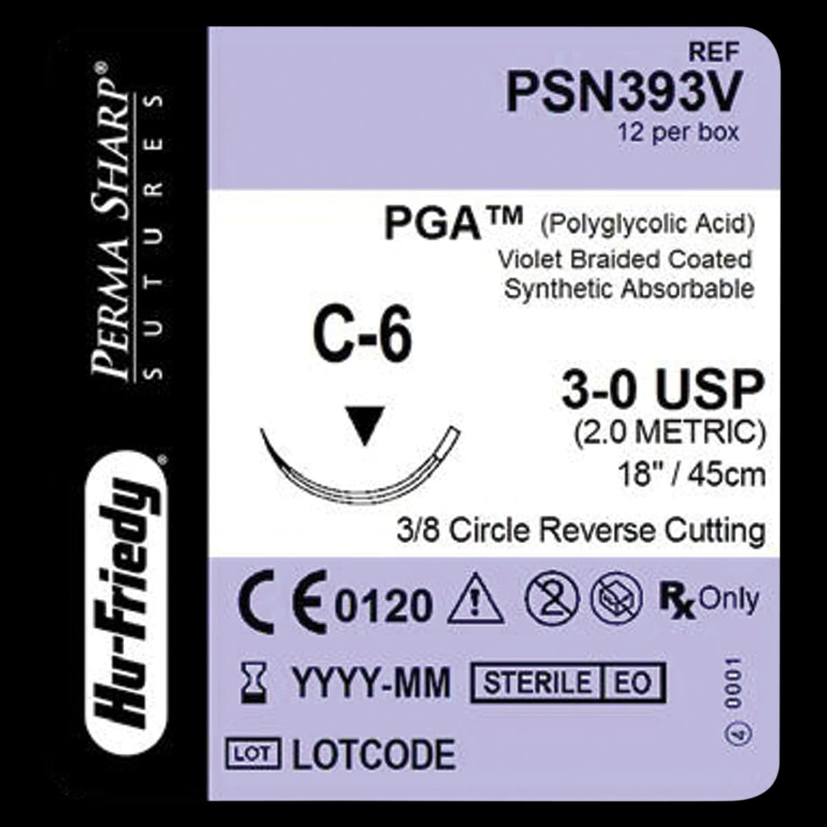 Hu-Friedy Perma Sharp PGA Absorbable Braided Suture, 3-0, Violet, 18", C-6 Reverse Cutting 3/8 Circle Needle, 12/Box, PSN393V - Suture PGA C-6 Needle 3-0 Box of 12 - Image 1