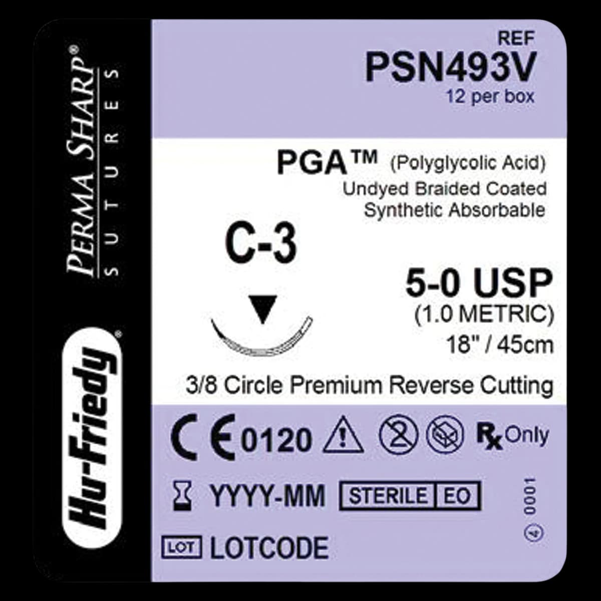 Hu-Friedy Perma Sharp PGA Absorbable Suture, 5-0, Undyed Braided, C-3 Premium Reverse Cutting 3/8 Circle Needle, 18", 12/Box, PSN493V - Suture PGA C-3 Needle 5-0 Box of 12 - Image 1