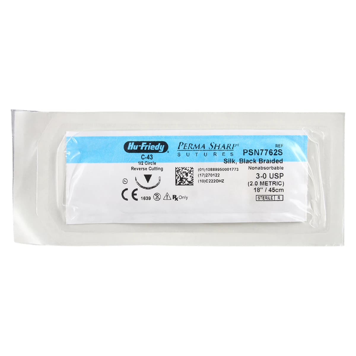 Hu-Friedy Perma Sharp Silk Suture, 3-0, Black Braided, Non-Absorbable, 18", C-43 Reverse Cutting 1/2 Circle Needle, 12/Box, PSN7762S thumbnail 3