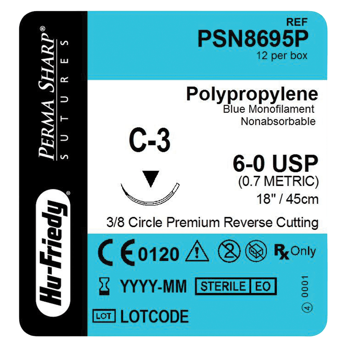 Hu-Friedy Perma Sharp Non-Absorbable Polypropylene Suture, 6-0, Blue, 18", C-3 Needle, 3/8 Circle Premium Reverse Cutting, 12/Box, PSN8695P thumbnail 2