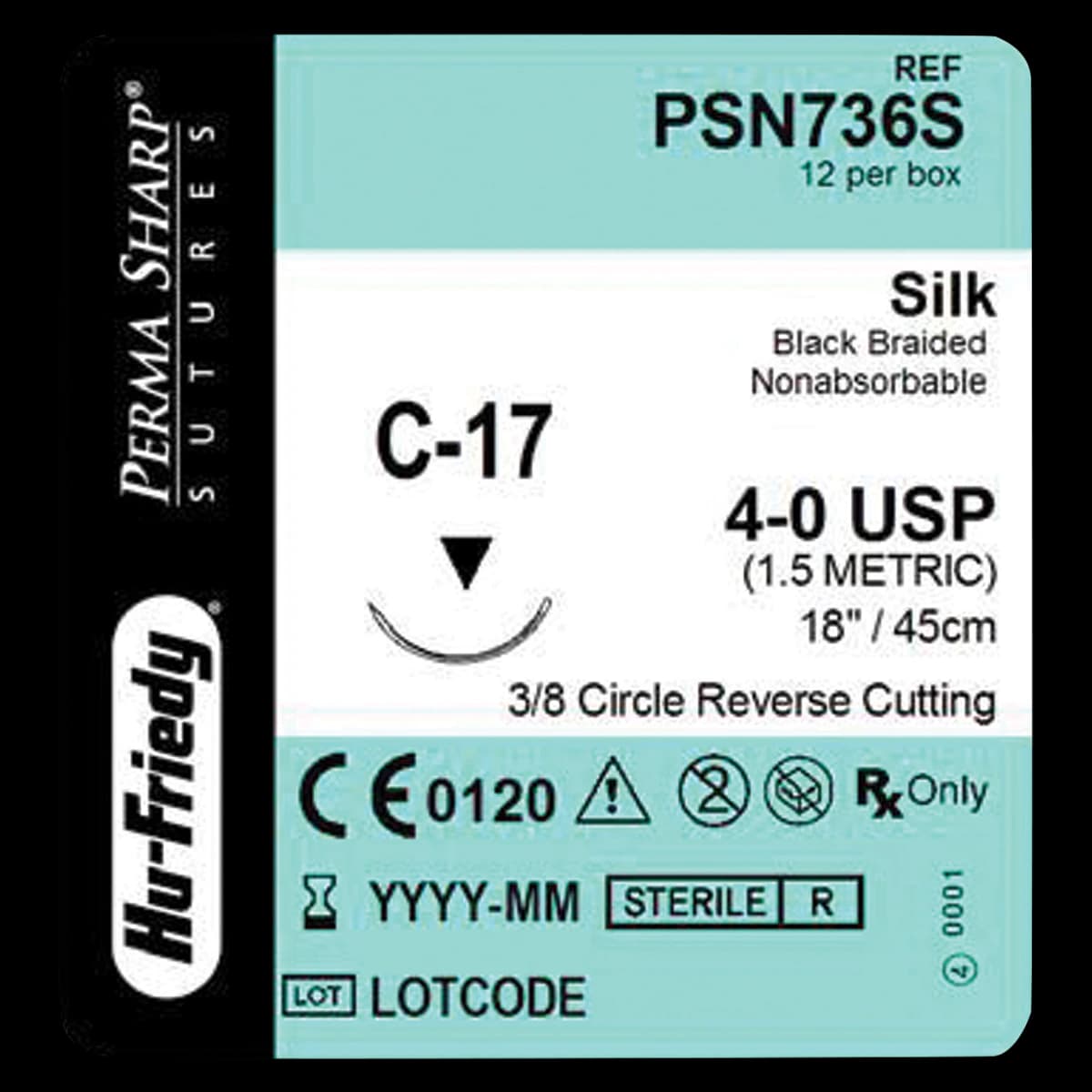 Hu-Friedy Perma Sharp Non-Absorbable Silk Black Braided Suture, 4-0, C-17 3/8 Circle Reverse Cutting Needle, 18", 12/Box, PSN736S - Perma Sharp&reg; Sutures - Non-Absorbable Silk Black Braided - 4-0 / C-17 / 18" - Image 1