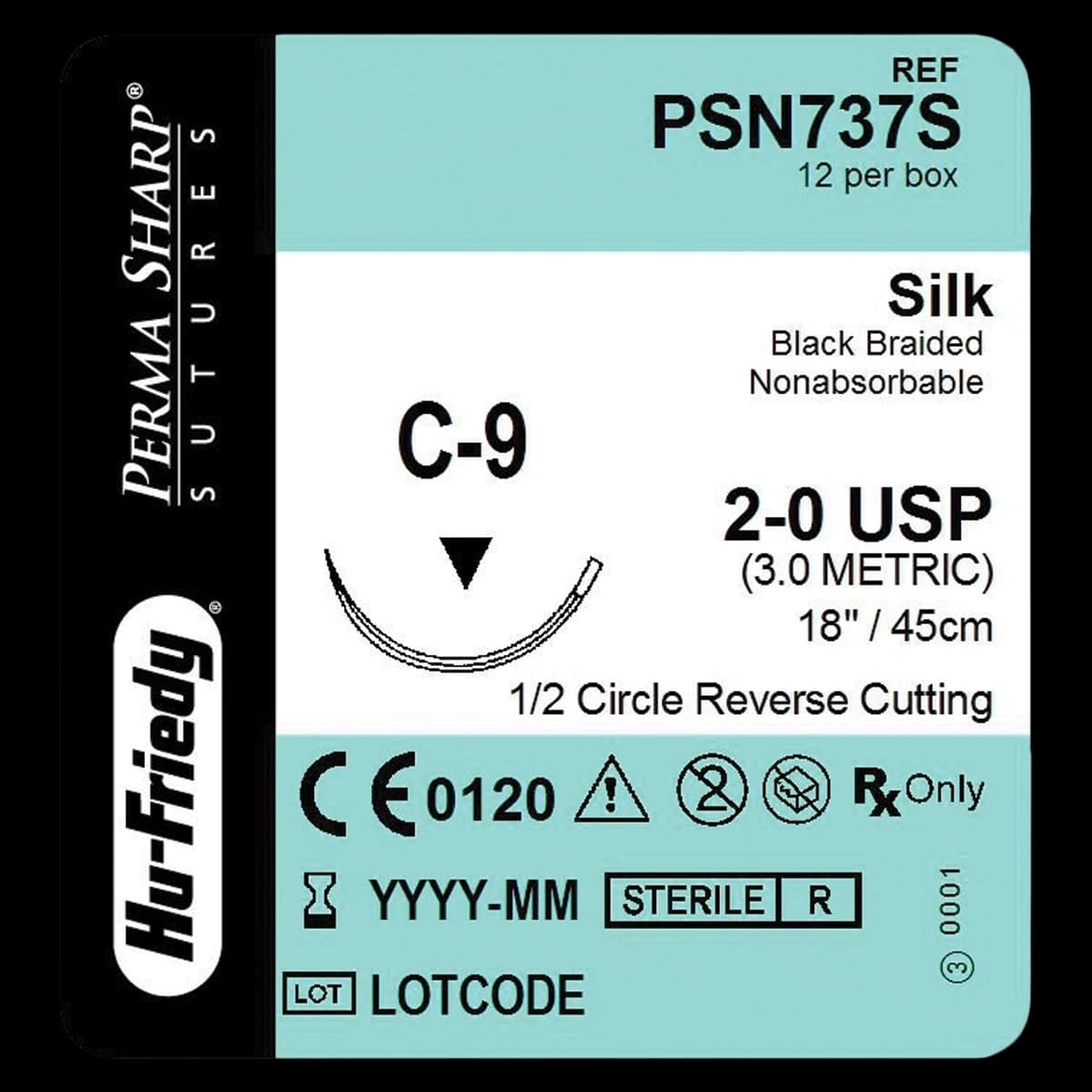 Hu-Friedy Perma Sharp® Sutures, Non-Absorbable Silk Black Braided, 2-0, C-9 Needle, 1/2 Circle Reverse Cut, 18", 12/Box, PSN737S - Perma Sharp&reg; Sutures - Non-Absorbable Silk Black Braided - 2-0 / C-9 / 18" - Image 1