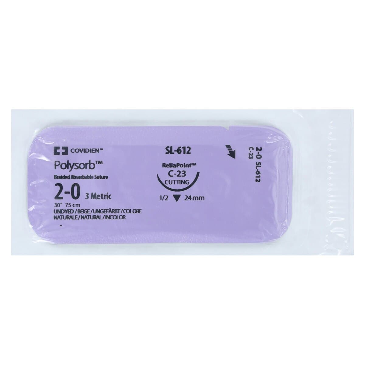 Medtronic Polysorb Absorbable Suture, 2-0, 30" Polyester Braid, C-23 Reverse Cutting 1/2 Circle Needle 24mm, Undyed, 36/Case thumbnail 3