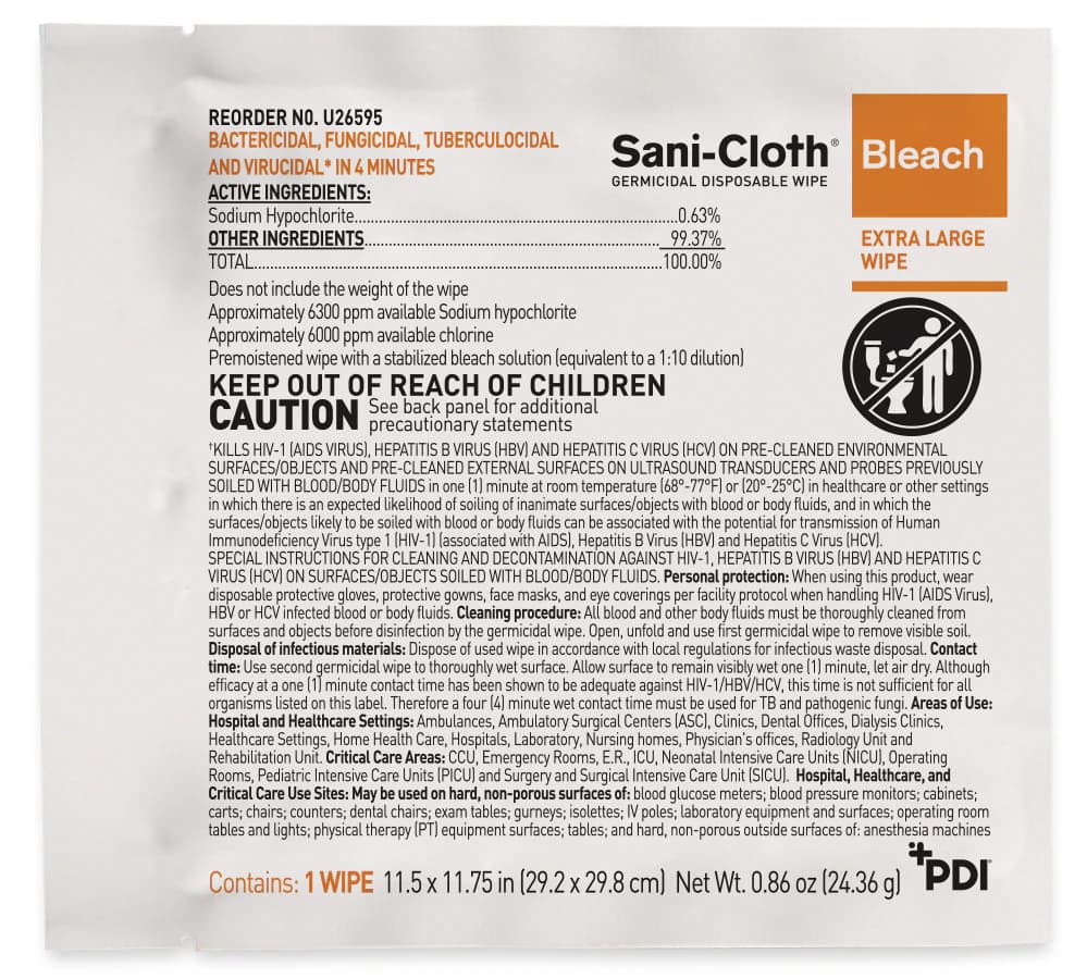 PDI Sani-Cloth Bleach Germicidal Disposable Wipes, X-Large, 11.5" x 11.75", Individually Wrapped, 40/Box, U26595 thumbnail 6