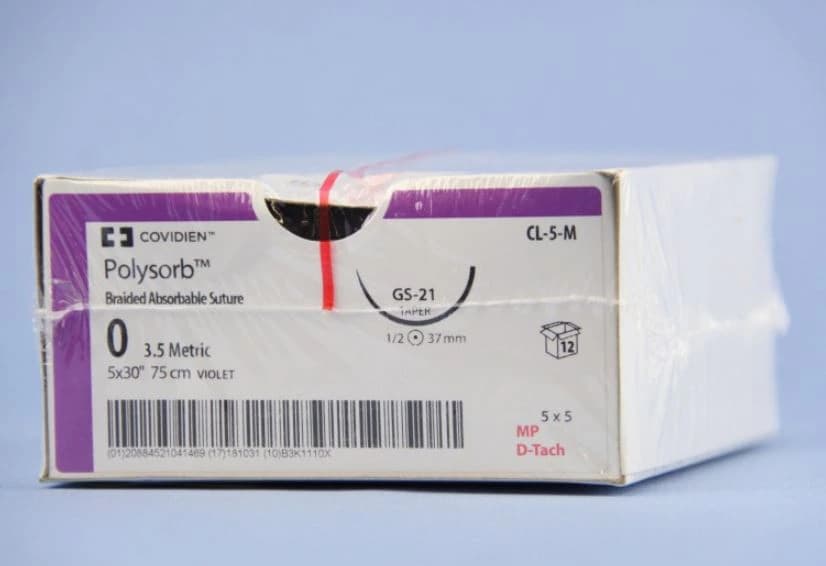 Medtronic Polysorb Absorbable Suture, Size 0, 30" Polyester Braid, GS-21 Taper Point 1/2 Circle Needle 37mm, Coated Violet, 12/Case - Suture Polysorb Vio GS-21 - Image 1
