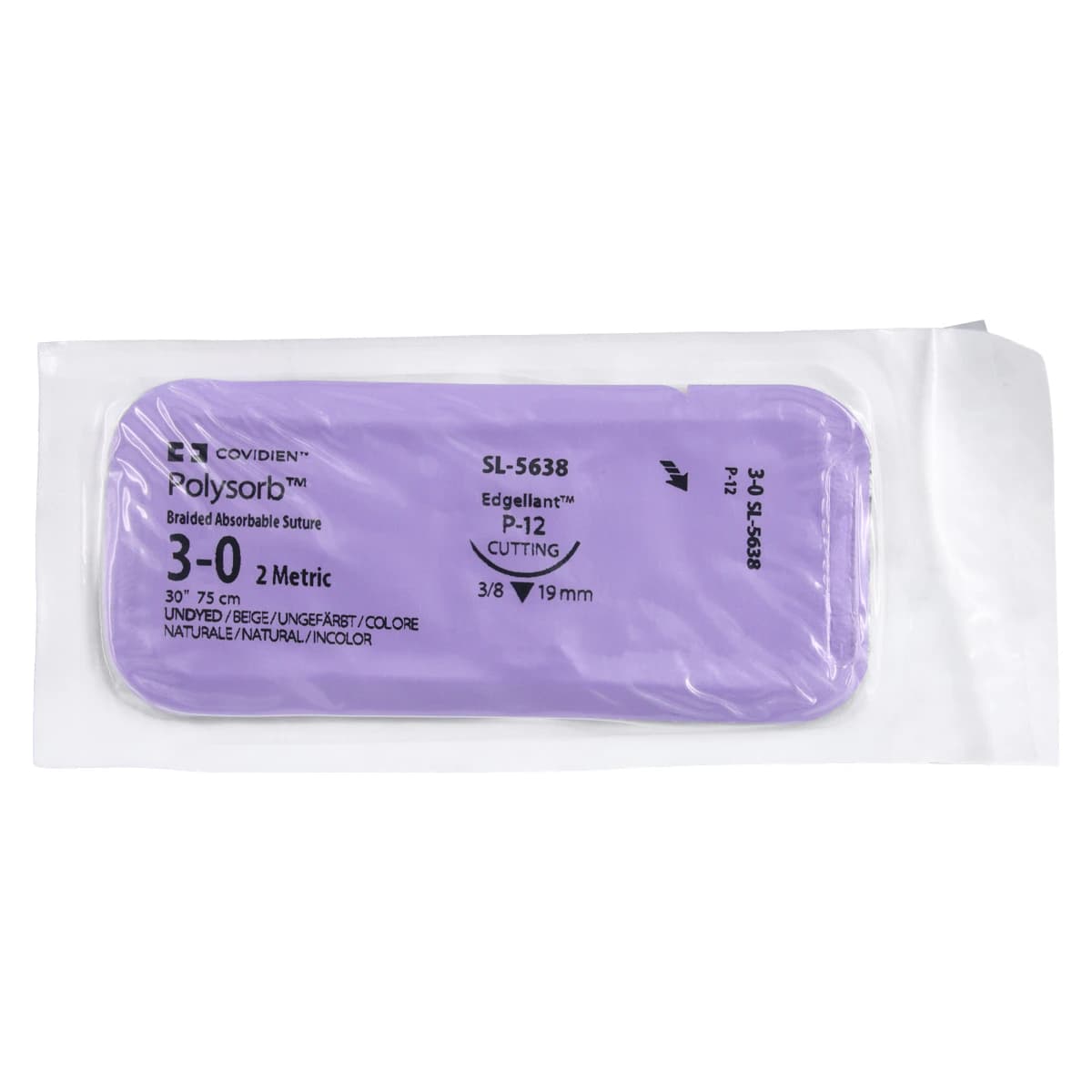 Medtronic Polysorb Absorbable Suture, 3-0, 30", P-12 Premium Reverse Cutting 3/8 Circle Needle 19mm, Coated, Undyed, 36/Case thumbnail 3