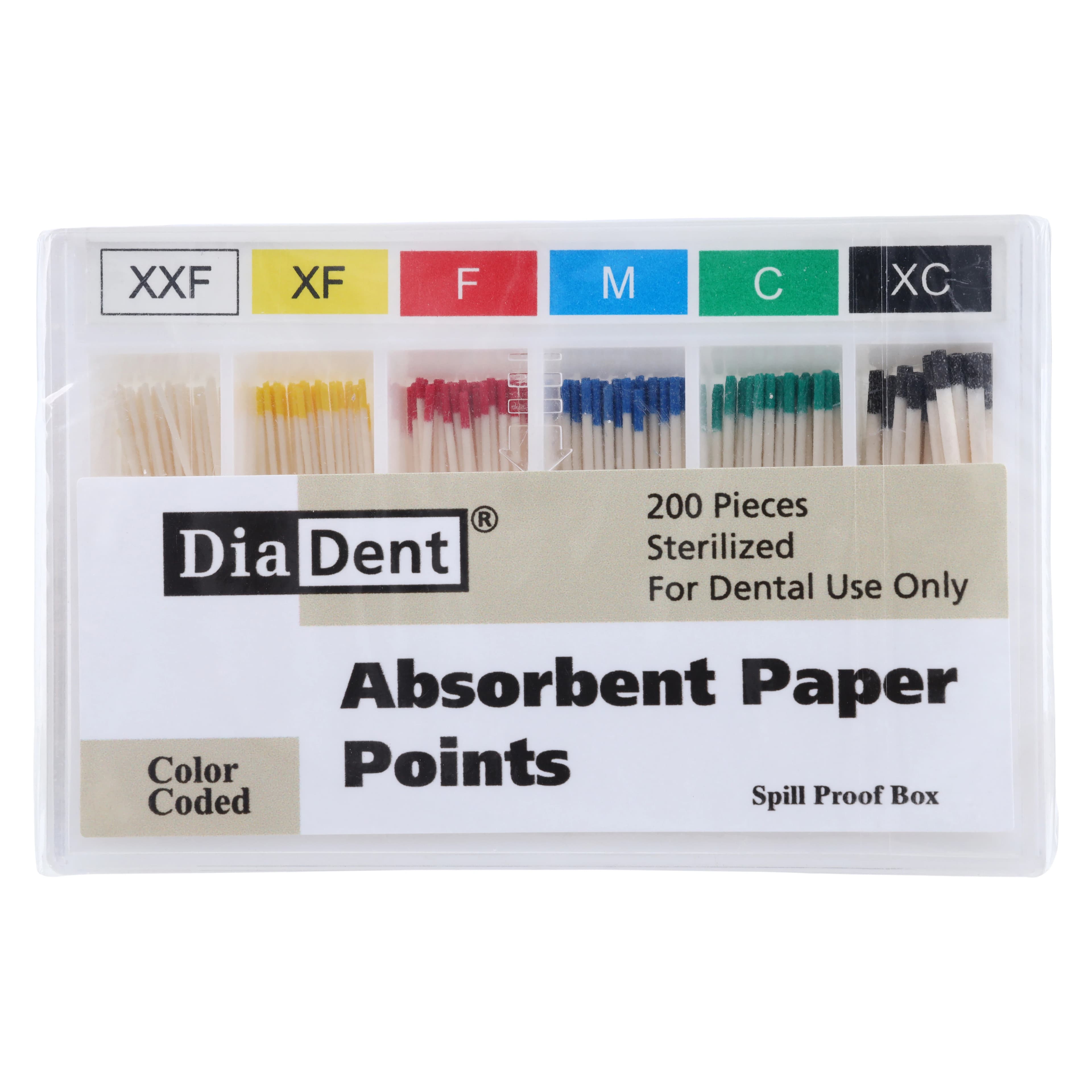 Diadent Absorbent Paper Points, Assorted XX-Fine to X-Coarse, Spill-Proof Sliding Box, 200/Box - #XFF/XC Absorbent Paper Points Sliding Package Box of 200 - Image 1