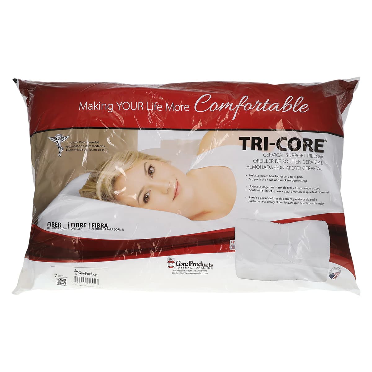 Core Products Pillow Tri-Core Firm Full-Size, 24 in x 16 in, Fiber, White, Reusable, Each - Pillow Tri-Core Firm Full-Size - Image 1
