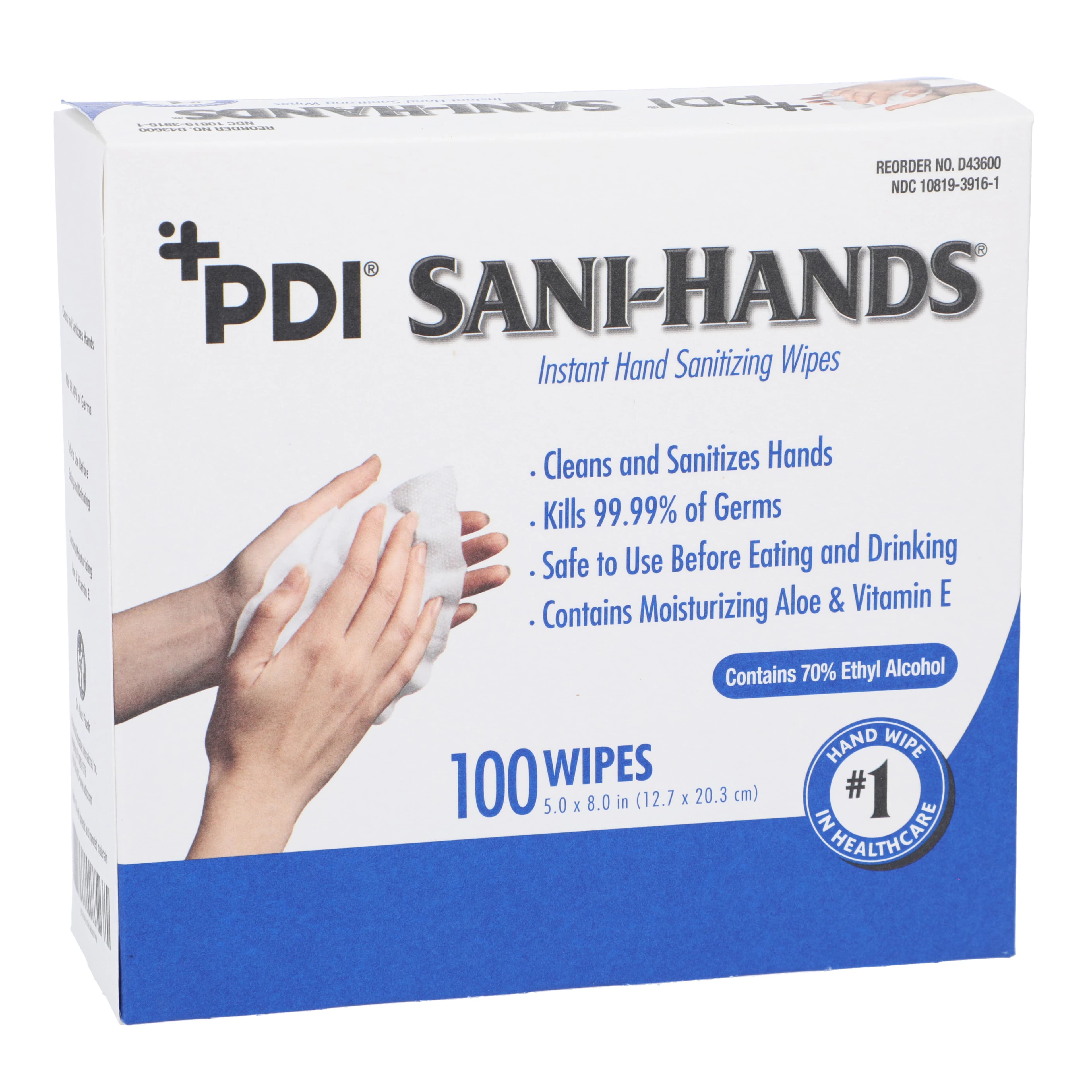 Sani-Hands Instant Hand Sanitizing Wipes, 70% Ethyl Alcohol, 5" x 8", Individually Wrapped, 100/Box, D43600 - Sani-Hands Instant Hand Sanitizing Wipes - Image 1