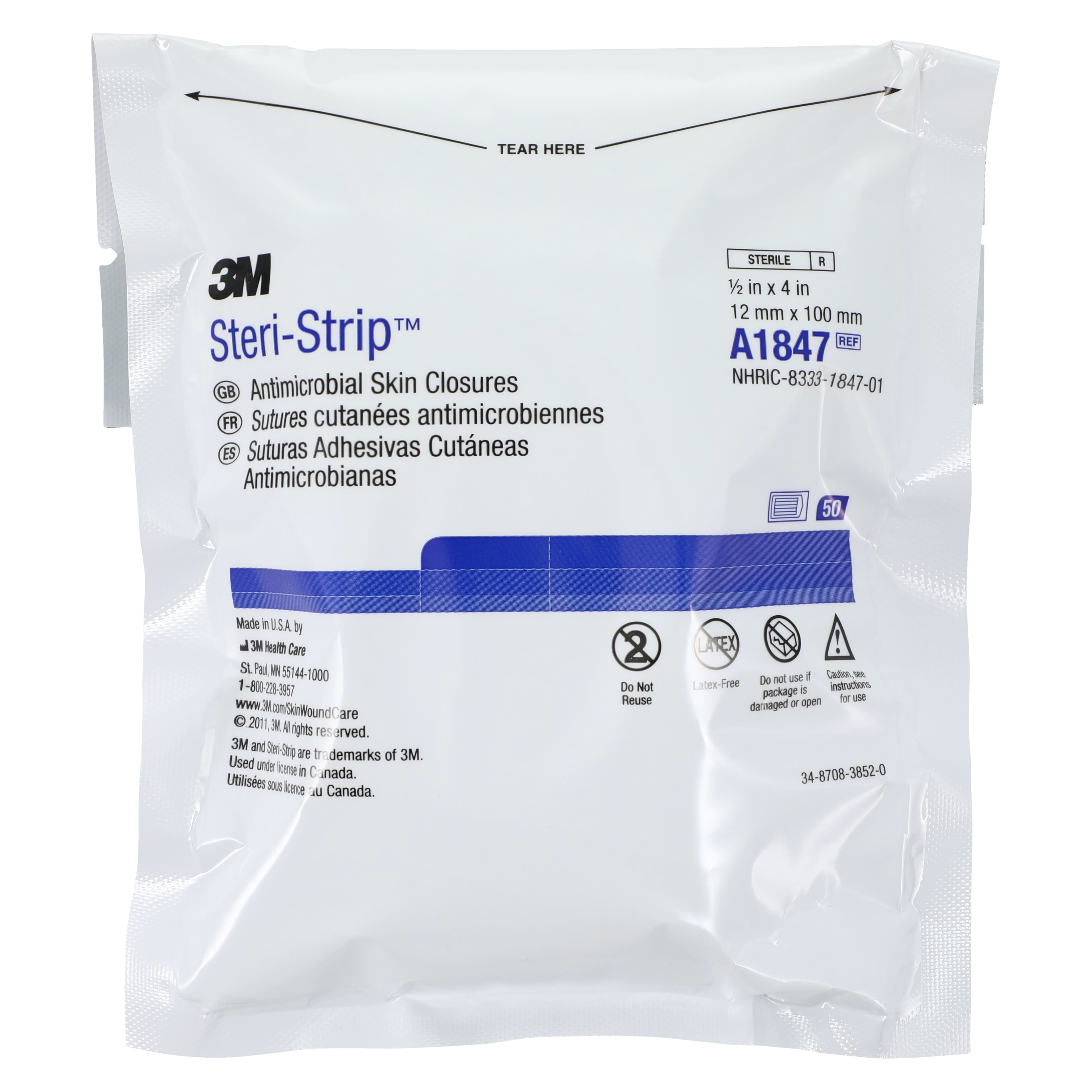 3M Steri-Strip Skin Closure Strip, 1/2" x 4", Tan, Antimicrobial, Sterile, 50/Box thumbnail 3