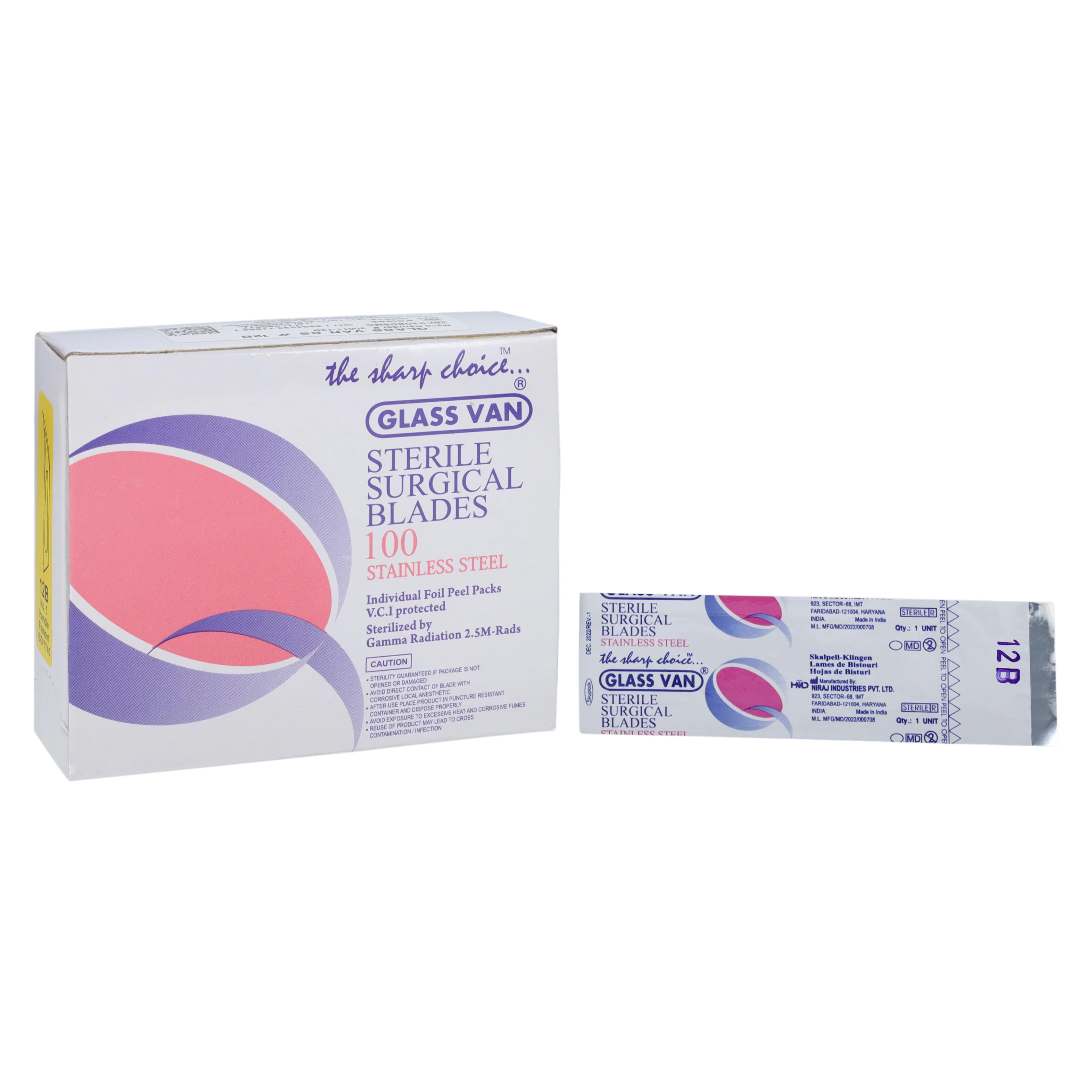 GLASSVAN #12B Sterile Stainless Steel Surgical Blades, Individually Foil-Wrapped, 100/Box, 3001T-12B - GLASSVAN® #12B Sterile Stainless Blade Box of 100 - Image 1
