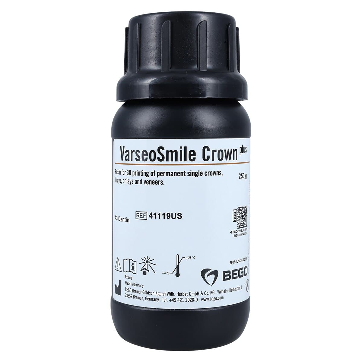 BEGO VarseoSmile Crown Plus A3 Ceramic-Filled Hybrid Resin for 3D Printing Permanent Restorations, 250g Bottle thumbnail 3