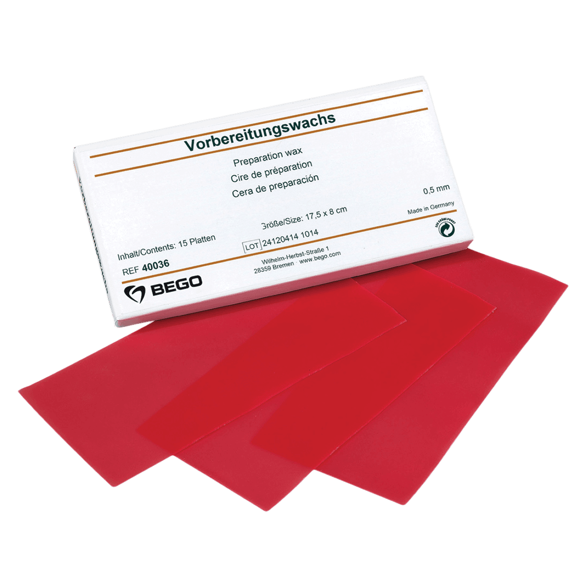 Bego Preparation Wax, 0.60mm, 15/Box - Preparation Wax 0.60mm - Image 1