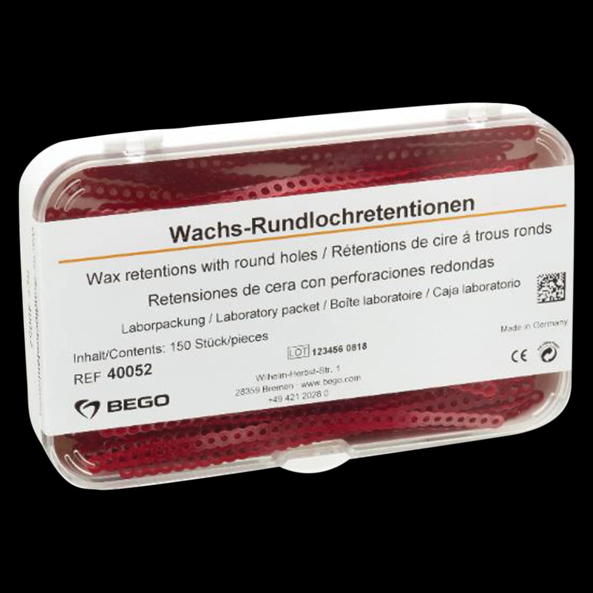 Bego Wax Retentions with Round Holes, Red, 17 cm, Mandibular, 150/Pack - Wax retentions with round holes Red Pack of 150 - Image 1