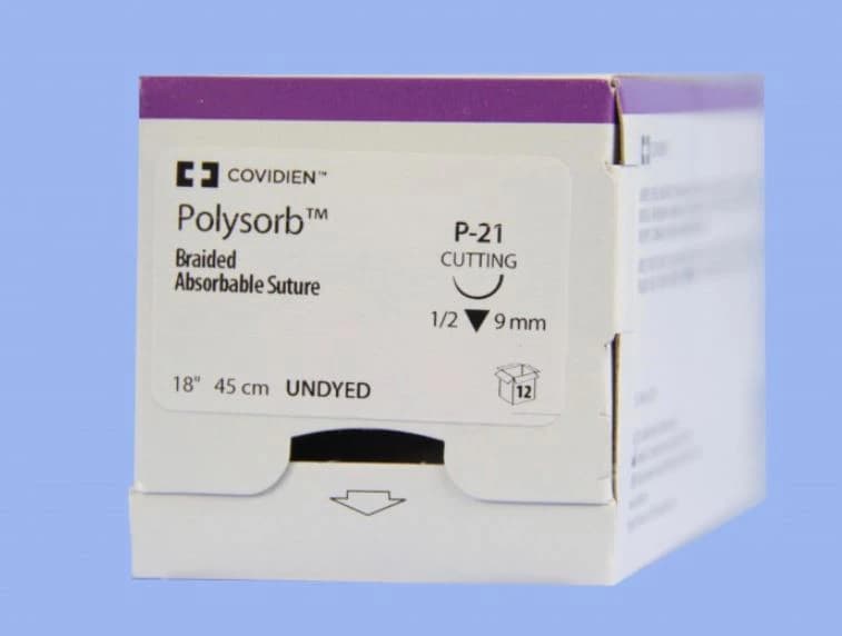 Medtronic Polysorb Absorbable Suture, 4-0, 18", P-21 Premium Reverse Cutting 1/2 Circle Needle 9mm, Undyed, 12/Case - Suture Polysorb Undyed P-21 - Image 1