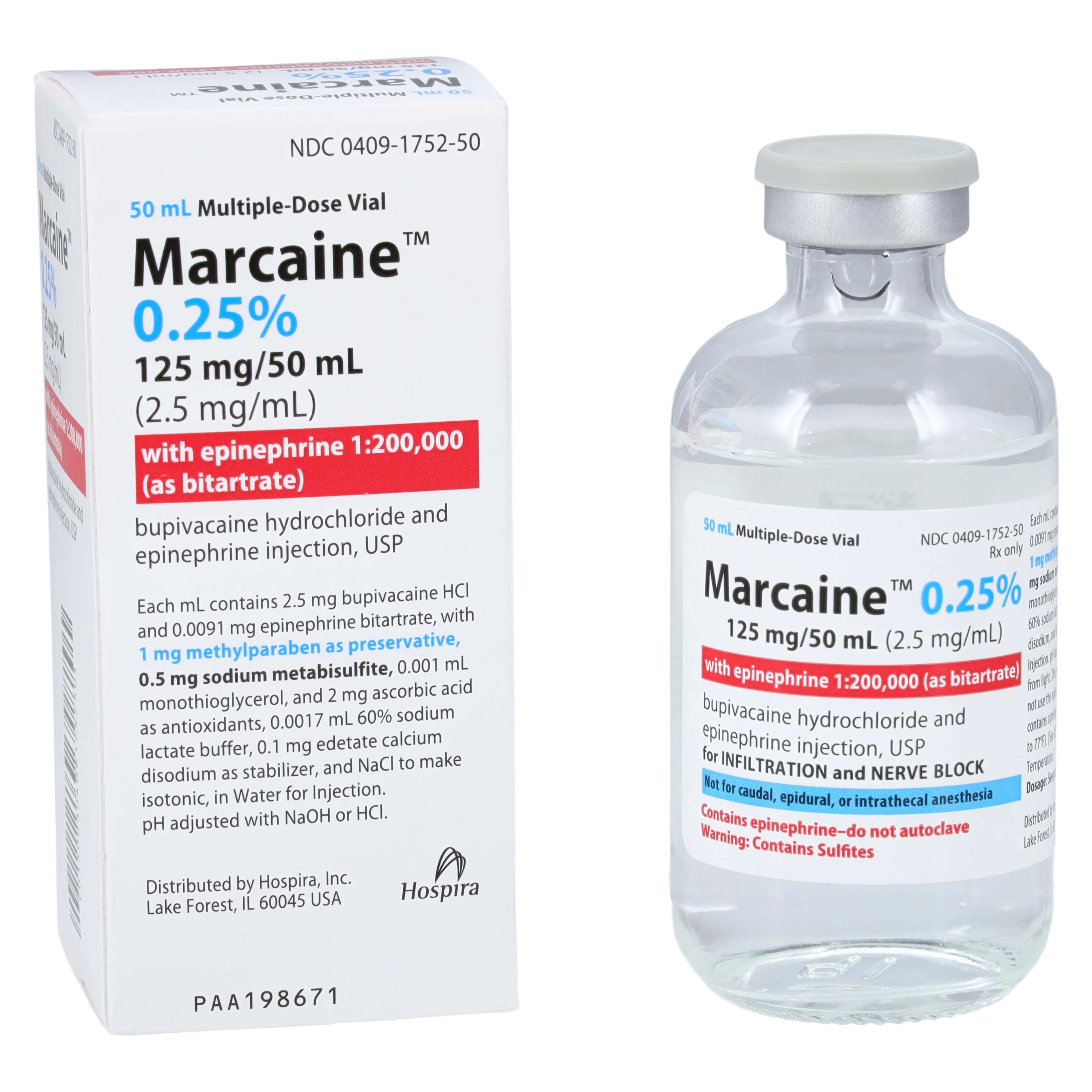 Marcaine with Epinephrine Injection 0.25% 1:200,000 MDV 50mL - Marcaine w/Epi Inj MDV - Image 1
